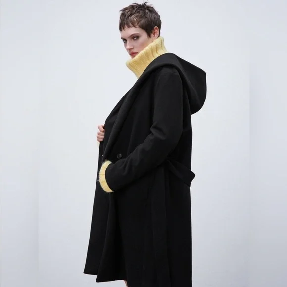 Zara Black Double-Breasted Coat With Hood Size S - Picture 3 of 5